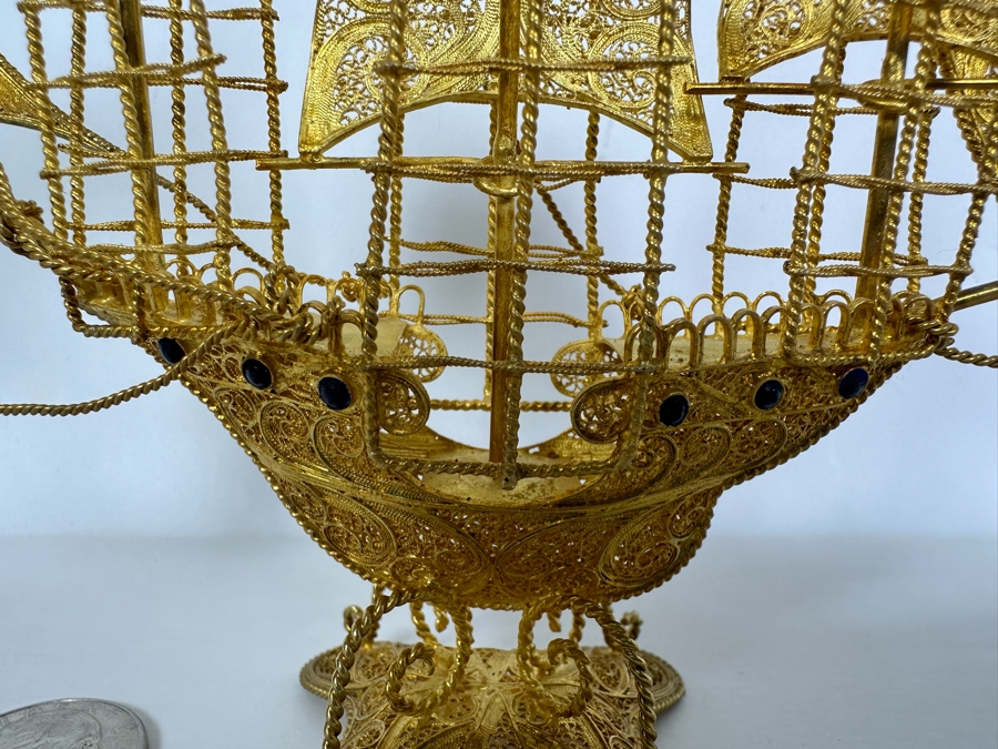 European Silver 835 Gilt Filigree Sailing Ship Sculpture Signed Made In Portugal 8W X 2D X 8.5H 129.7g [Photo 10]