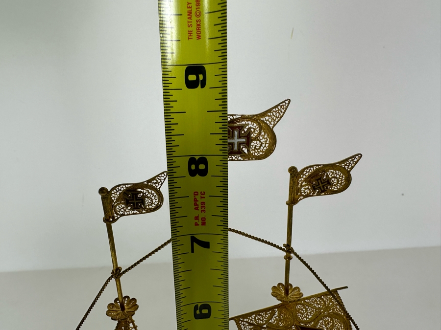 European Silver 835 Gilt Filigree Sailing Ship Sculpture Signed Made In Portugal 8W X 2D X 8.5H 129.7g [Photo 18]