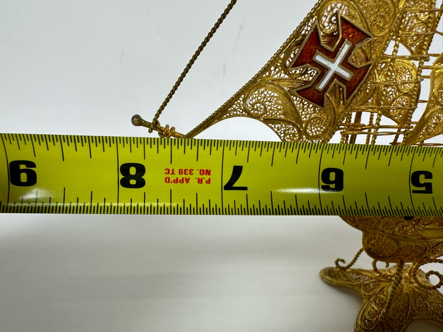 European Silver 835 Gilt Filigree Sailing Ship Sculpture Signed Made In Portugal 8W X 2D X 8.5H 129.7g [Photo 16]