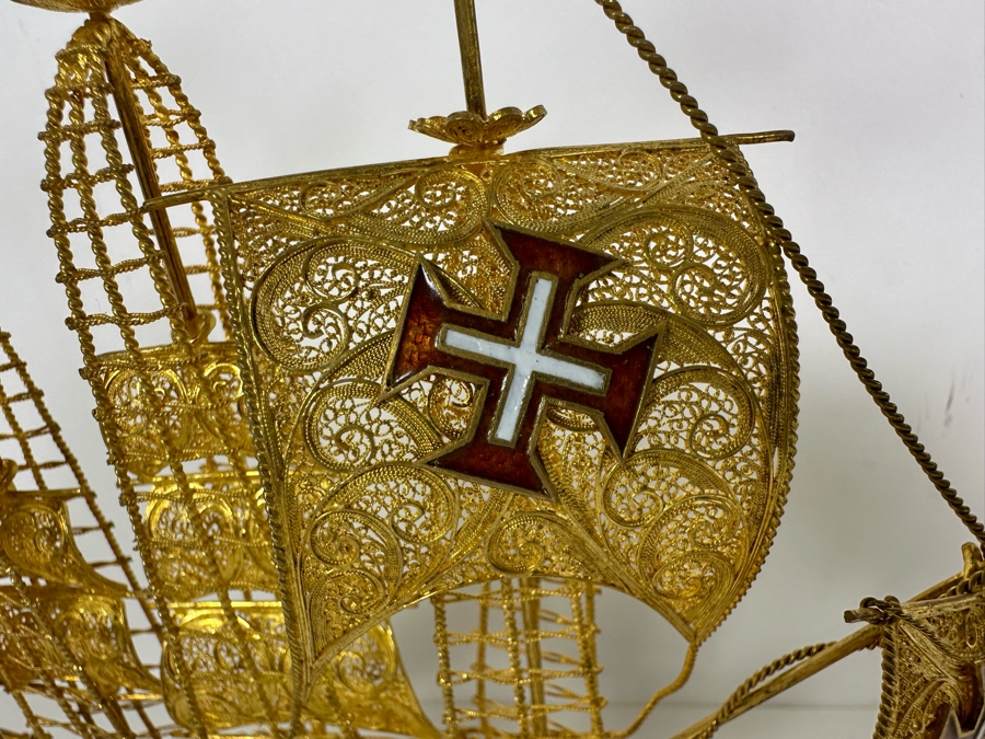 European Silver 835 Gilt Filigree Sailing Ship Sculpture Signed Made In Portugal 8W X 2D X 8.5H 129.7g [Photo 4]