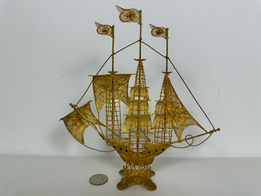 European Silver 835 Gilt Filigree Sailing Ship Sculpture Signed Made In Portugal 8W X 2D X 8.5H 129.7g [Photo 9]