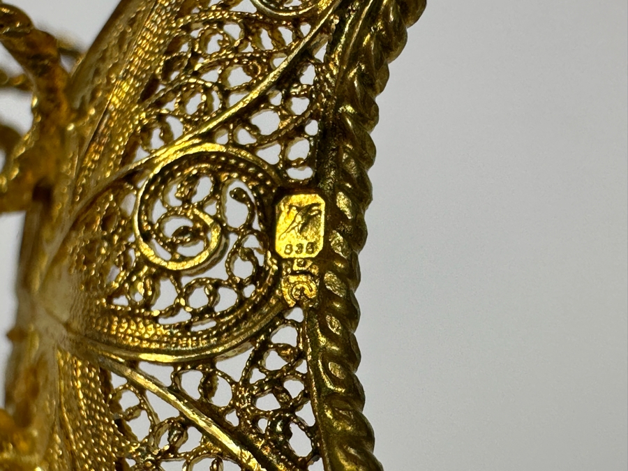 European Silver 835 Gilt Filigree Sailing Ship Sculpture Signed Made In Portugal 8W X 2D X 8.5H 129.7g [Photo 14]