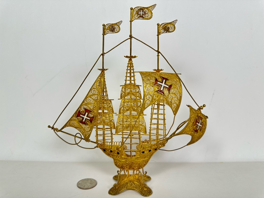 European Silver 835 Gilt Filigree Sailing Ship Sculpture Signed Made In Portugal 8W X 2D X 8.5H 129.7g [Photo 3]