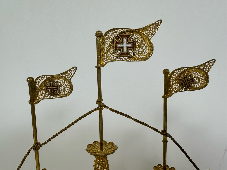 European Silver 835 Gilt Filigree Sailing Ship Sculpture Signed Made In Portugal 8W X 2D X 8.5H 129.7g [Photo 5]