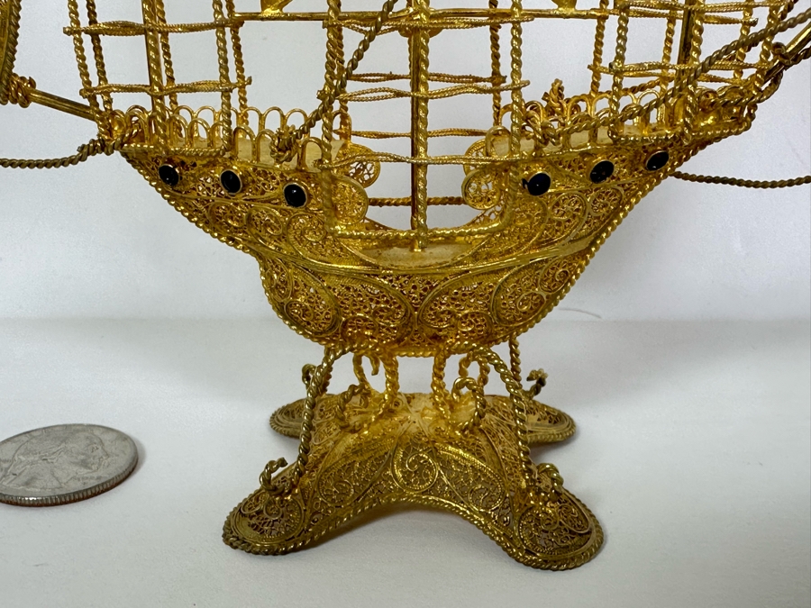European Silver 835 Gilt Filigree Sailing Ship Sculpture Signed Made In Portugal 8W X 2D X 8.5H 129.7g [Photo 7]