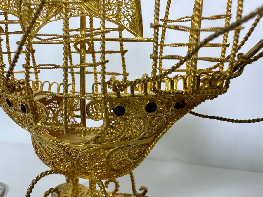 European Silver 835 Gilt Filigree Sailing Ship Sculpture Signed Made In Portugal 8W X 2D X 8.5H 129.7g [Photo 8]
