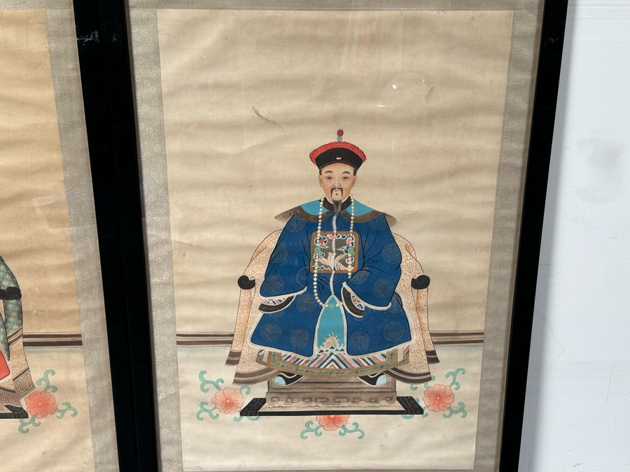Pair Of Vintage Chinese Ancestor Paintings Framed 32.5W X 51H [Photo 2]