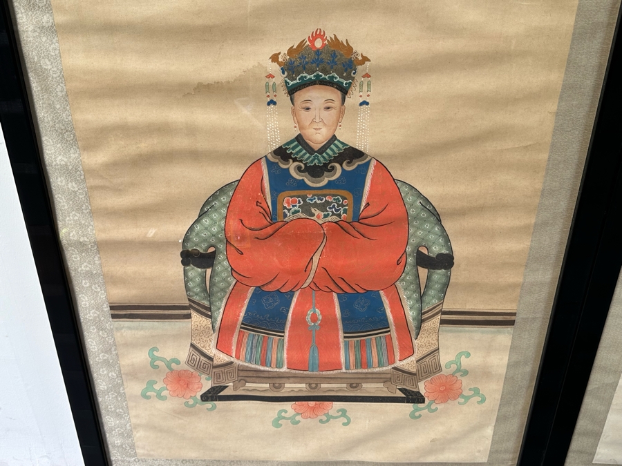 Pair Of Vintage Chinese Ancestor Paintings Framed 32.5W X 51H [Photo 10]