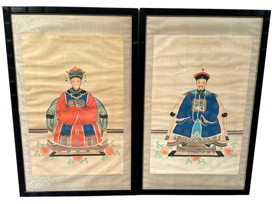 Pair Of Vintage Chinese Ancestor Paintings Framed 32.5W X 51H