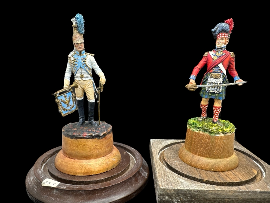 Hand Painted Metal Tin Miniature Military Figurines Toy Soldiers By Dr. David D. Michaels With Glass Domes 4.5H