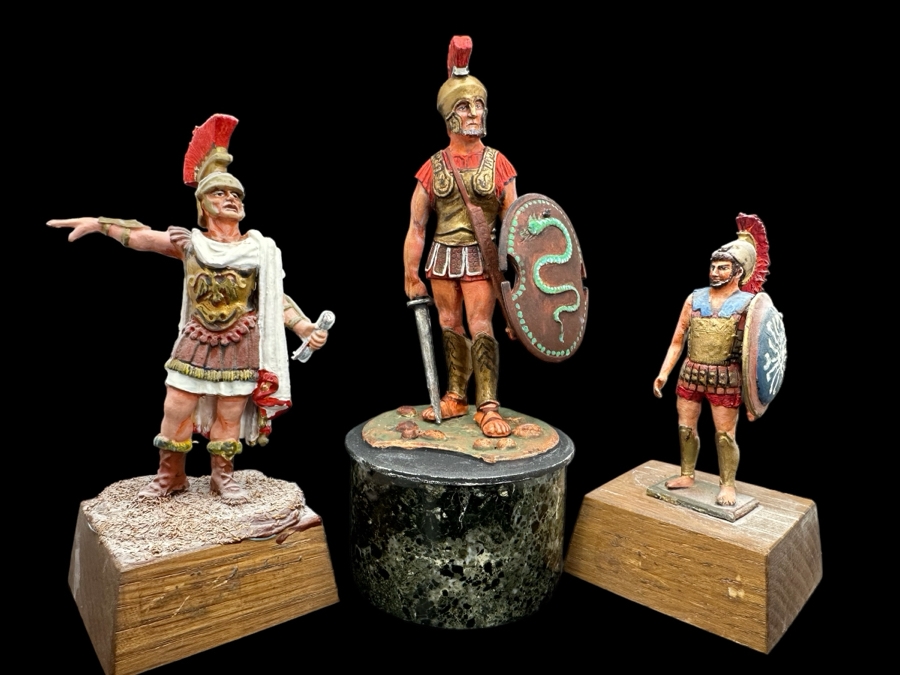 Hand Painted Metal Tin Miniature Military Figurines Toy Roman Soldiers By Dr. David D. Michaels (Figurine On Left Is Plastic / Two On Right Are Metal) 2.5H-3.5H [Photo 1]