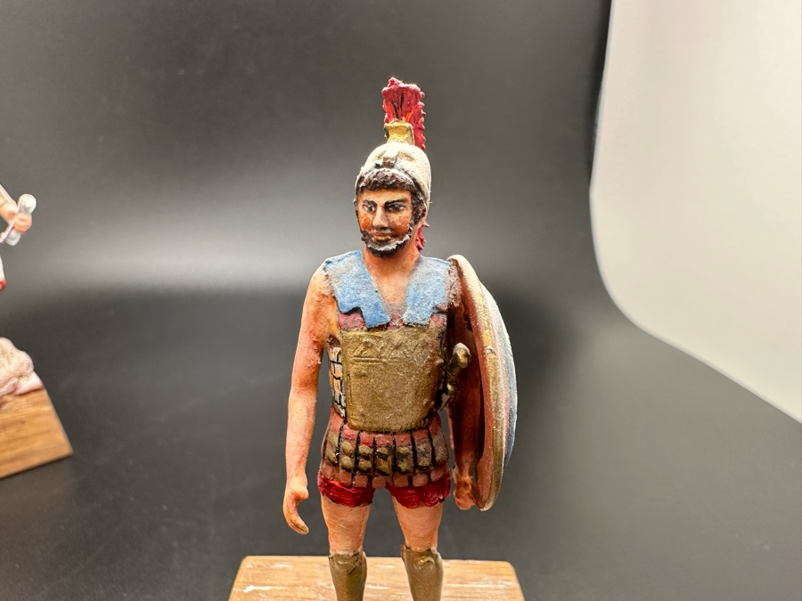Hand Painted Metal Tin Miniature Military Figurines Toy Roman Soldiers By Dr. David D. Michaels (Figurine On Left Is Plastic / Two On Right Are Metal) 2.5H-3.5H [Photo 9]