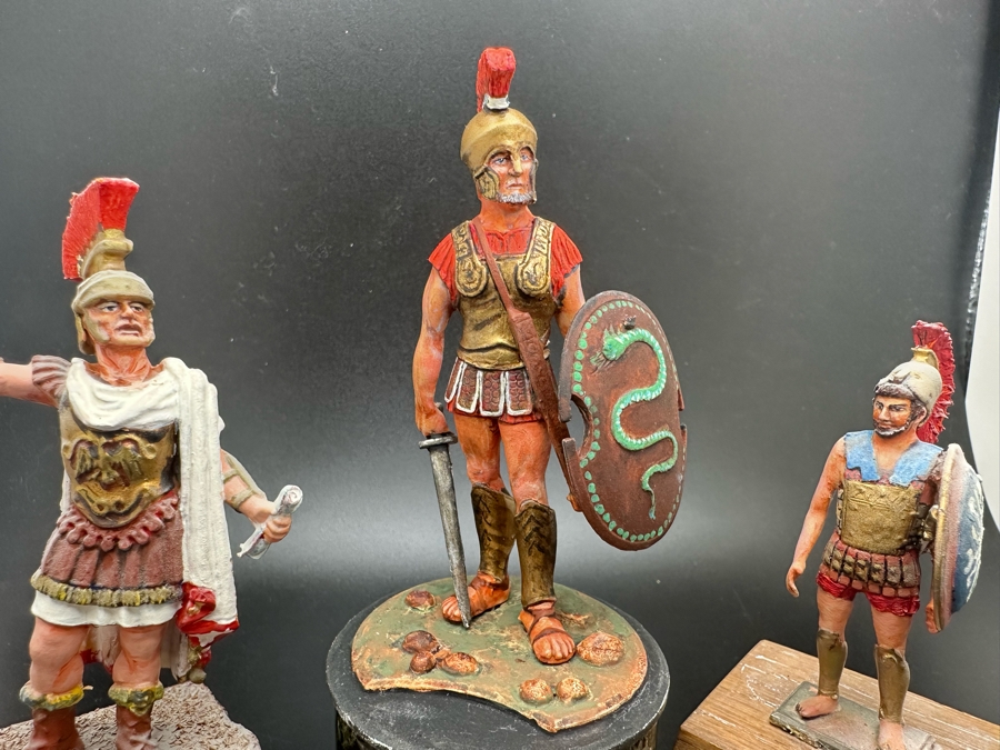 Hand Painted Metal Tin Miniature Military Figurines Toy Roman Soldiers By Dr. David D. Michaels (Figurine On Left Is Plastic / Two On Right Are Metal) 2.5H-3.5H [Photo 3]