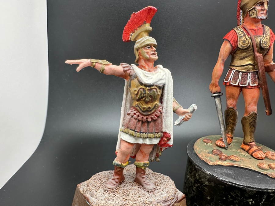 Hand Painted Metal Tin Miniature Military Figurines Toy Roman Soldiers By Dr. David D. Michaels (Figurine On Left Is Plastic / Two On Right Are Metal) 2.5H-3.5H [Photo 4]