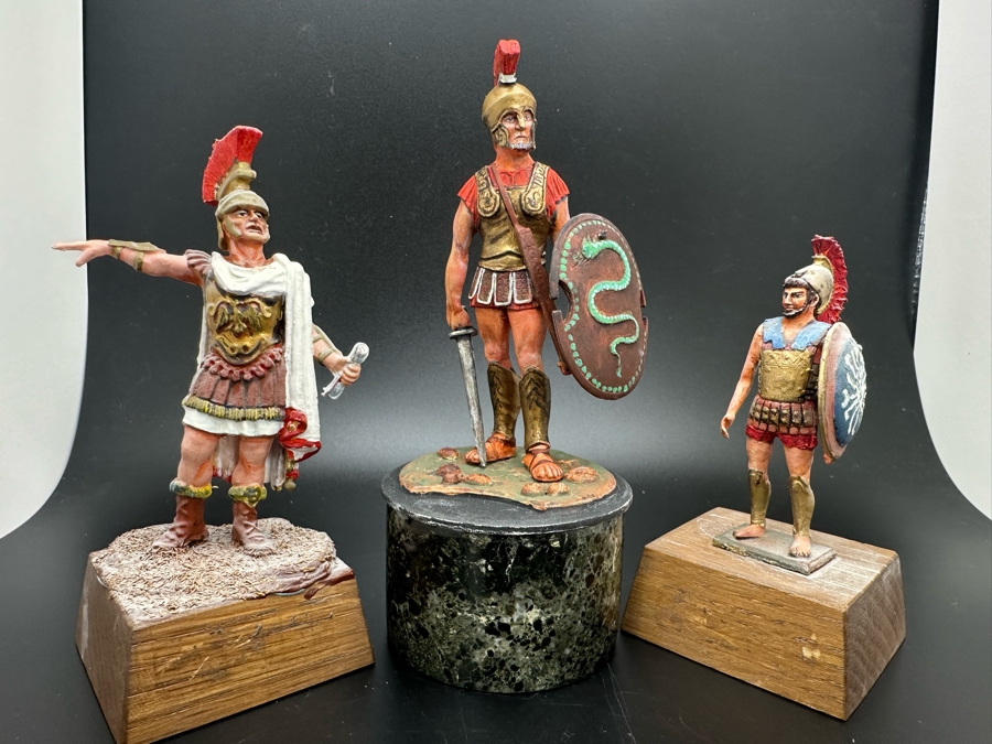 Hand Painted Metal Tin Miniature Military Figurines Toy Roman Soldiers By Dr. David D. Michaels (Figurine On Left Is Plastic / Two On Right Are Metal) 2.5H-3.5H [Photo 2]
