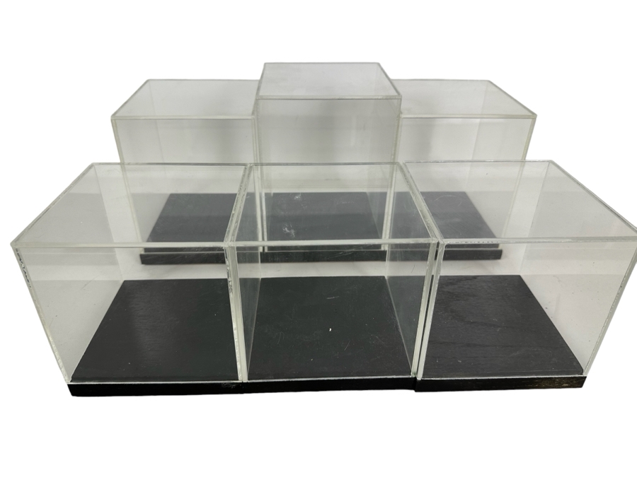 Six Black Wooden Stands With Clear Acrylic Covers Of Various Sizes Apx 5W [Photo 1]