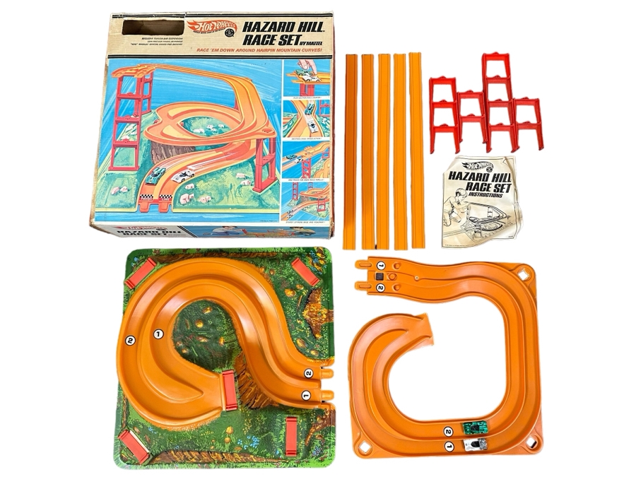 Vintage 1969 Mattel Hot Wheels Hazard Hill Race Set With Two Redline Hot Wheel Cars (Chaparral 2G) And Original Box And Instructions