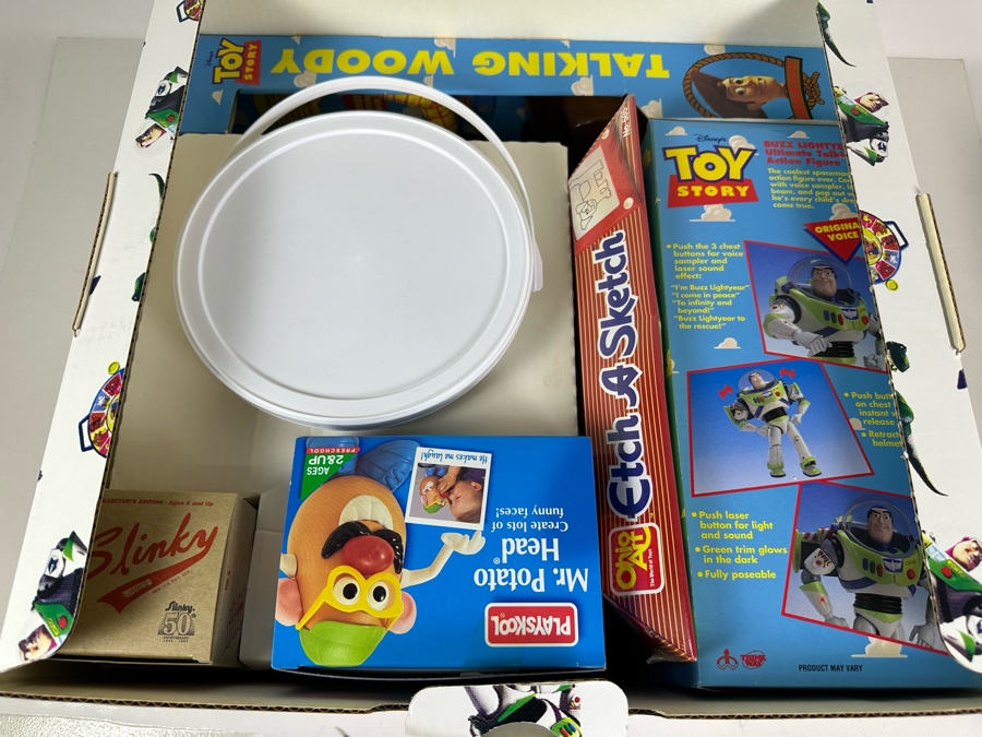 Original Toy Story Movie Promotional Marketing Box Of Toys Including Talking Woody Doll, Buzz Lightyear, Slinky, Etch A Sketch, Plastic Toy Soldiers & Mr. Potato Head 18 X 17 X 11 [Photo 12]