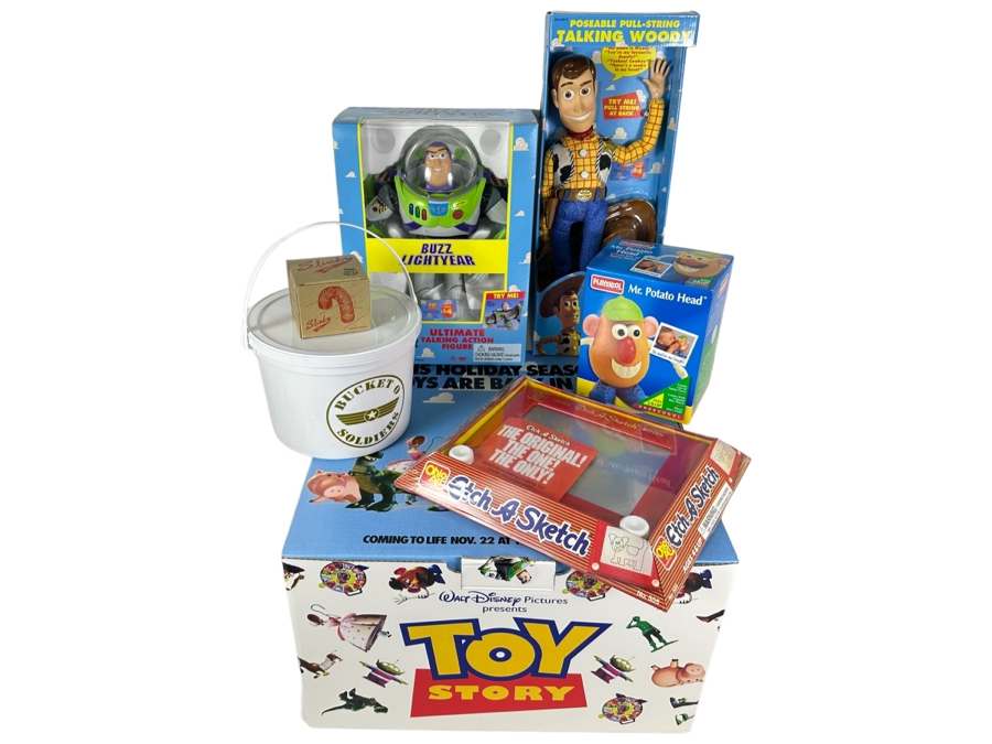 Original Toy Story Movie Promotional Marketing Box Of Toys Including Talking Woody Doll, Buzz Lightyear, Slinky, Etch A Sketch, Plastic Toy Soldiers & Mr. Potato Head 18 X 17 X 11