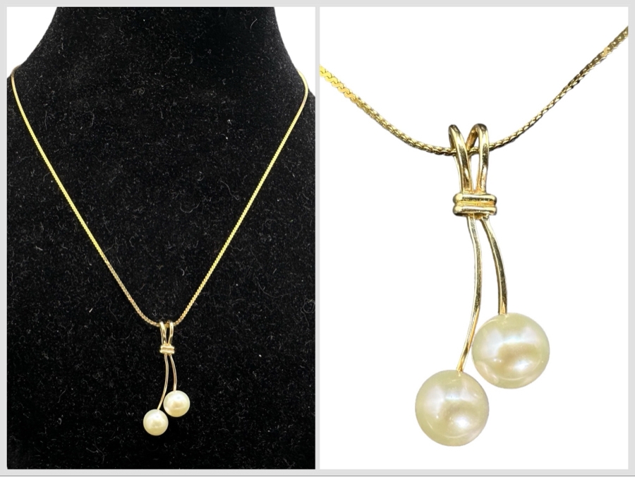 14K Gold Double Pearl Pendant With 14K Gold 16' Necklace 4.2g [Photo 1]