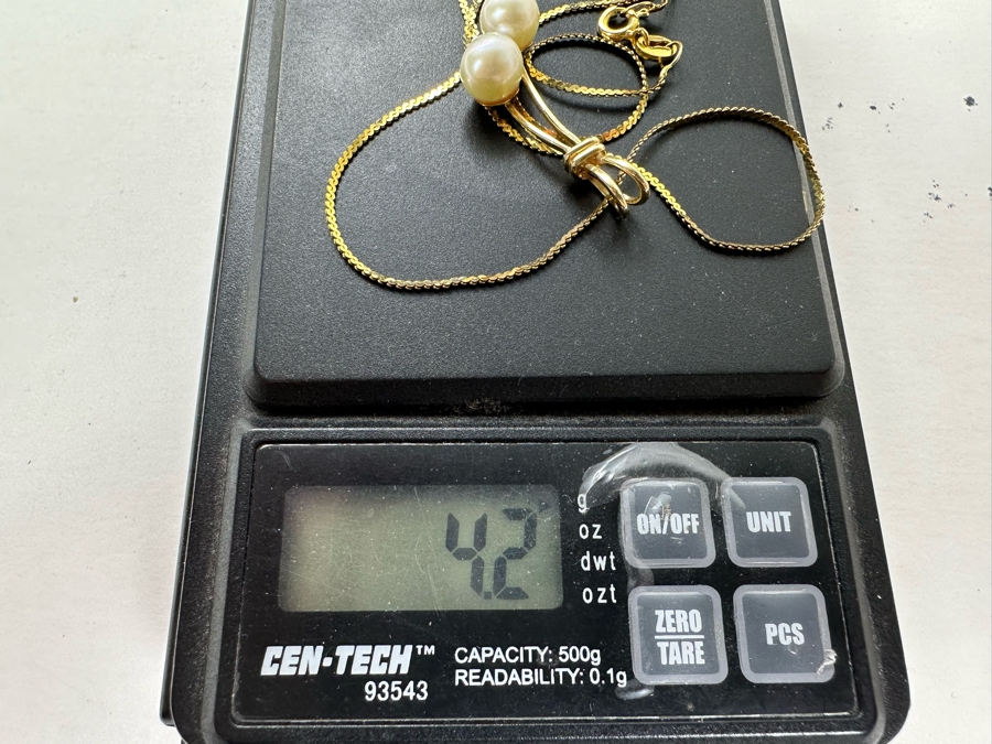 14K Gold Double Pearl Pendant With 14K Gold 16' Necklace 4.2g [Photo 8]