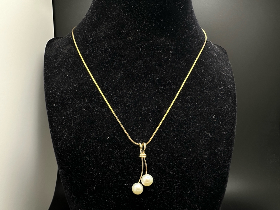 14K Gold Double Pearl Pendant With 14K Gold 16' Necklace 4.2g [Photo 4]