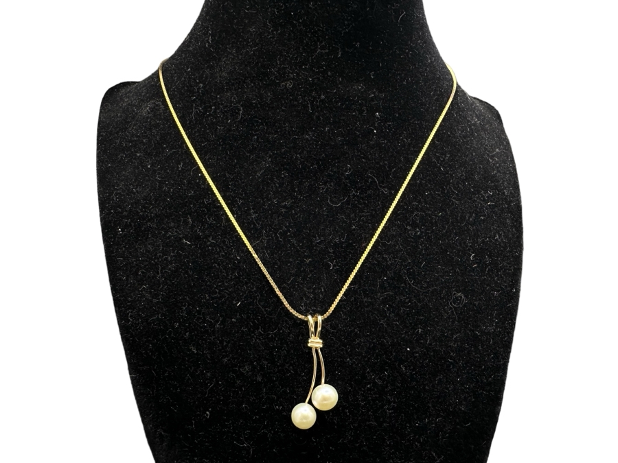 14K Gold Double Pearl Pendant With 14K Gold 16' Necklace 4.2g [Photo 2]