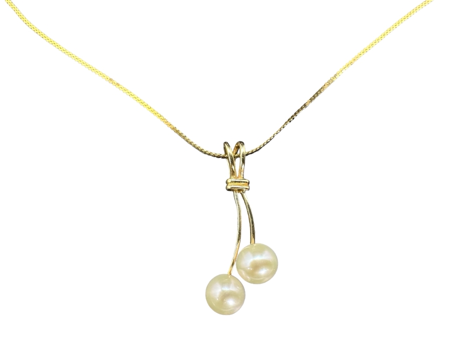 14K Gold Double Pearl Pendant With 14K Gold 16' Necklace 4.2g [Photo 3]