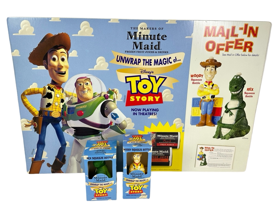 Disney's Toy Story Minute Maid Mail-In Offer Cardboard Promotional Store Poster 36 X 24 With Rex & Woody Squeeze Bottles