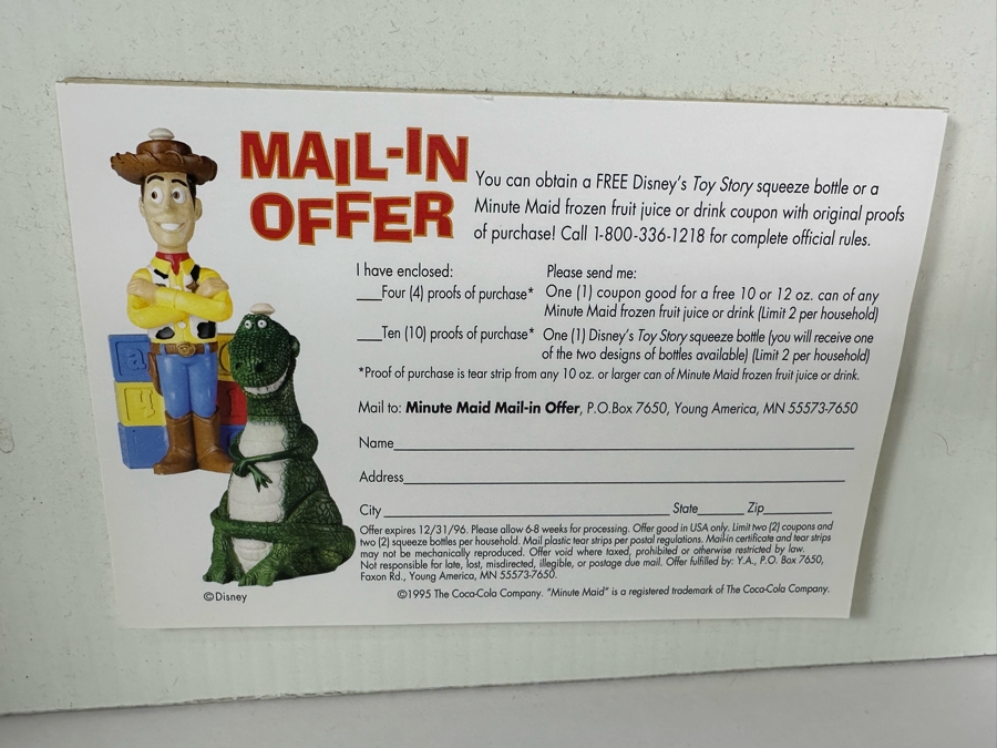 Disney's Toy Story Minute Maid Mail-In Offer Cardboard Promotional Store Poster 36 X 24 With Rex & Woody Squeeze Bottles [Photo 6]
