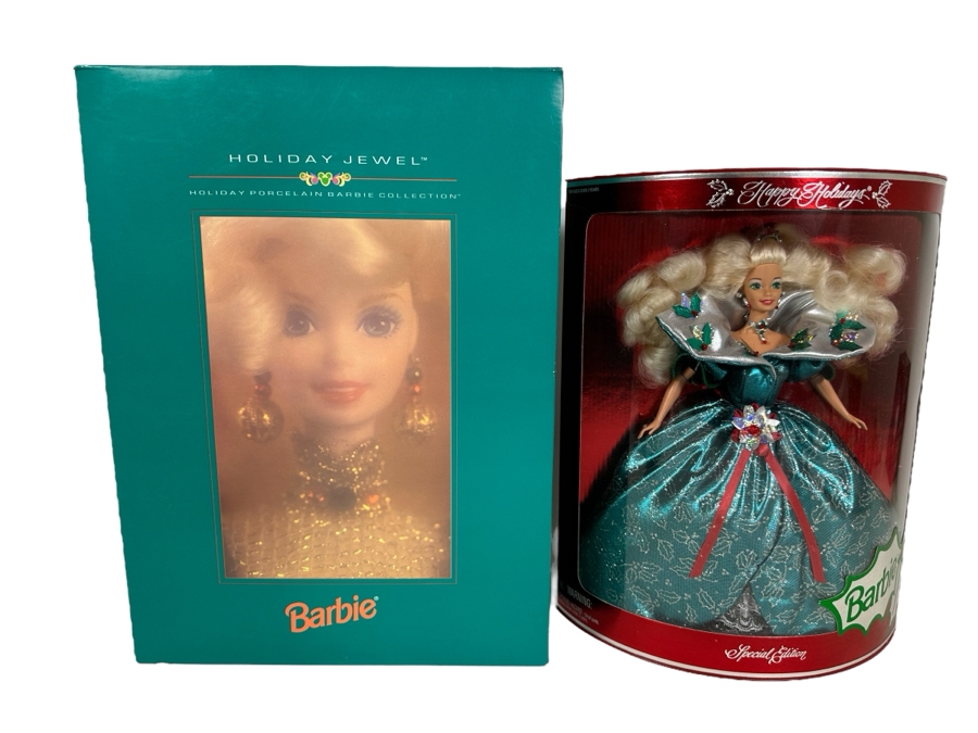 Mattel 1995 Limited Edition Holiday Jewel Porcelain Barbie And 1995 Special Edition Happy Holidays Barbie In Original Boxes