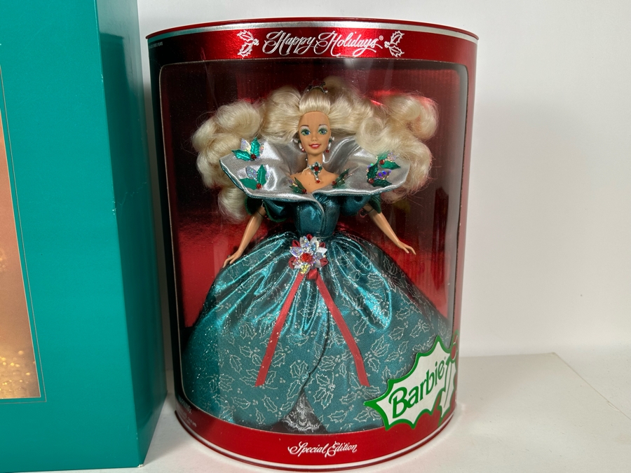 Mattel 1995 Limited Edition Holiday Jewel Porcelain Barbie And 1995 Special Edition Happy Holidays Barbie In Original Boxes [Photo 2]