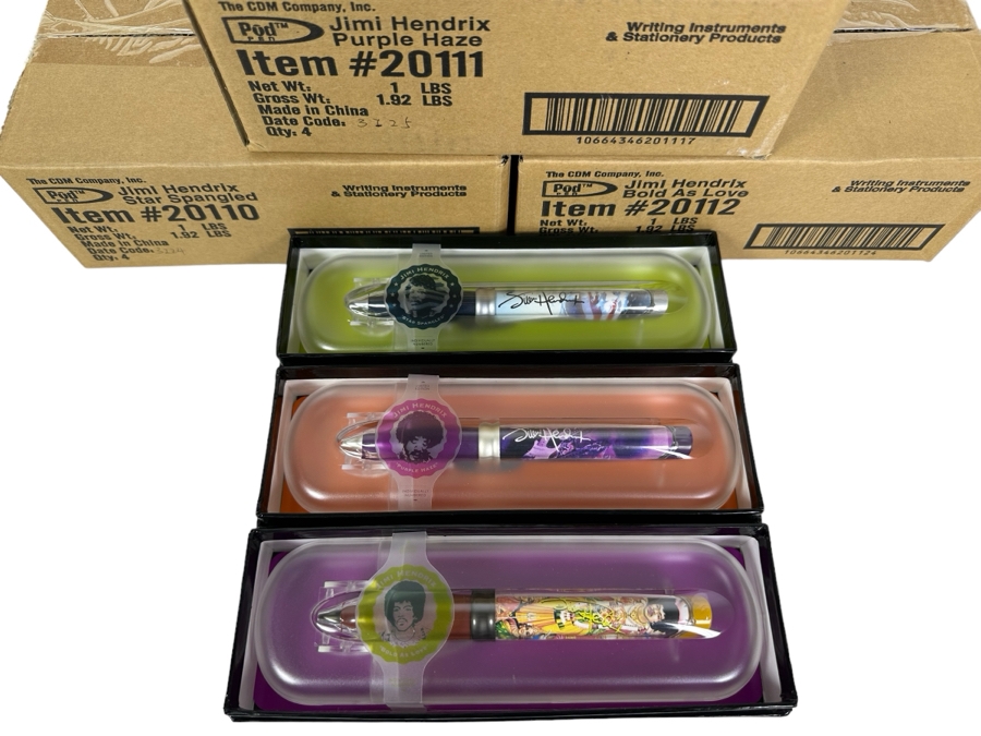 Jimi Hendrix Limited Edition Collectible Pod Pens: Purple Haze, Star Spangled Banner, Bold As Love - 12 Pens Total