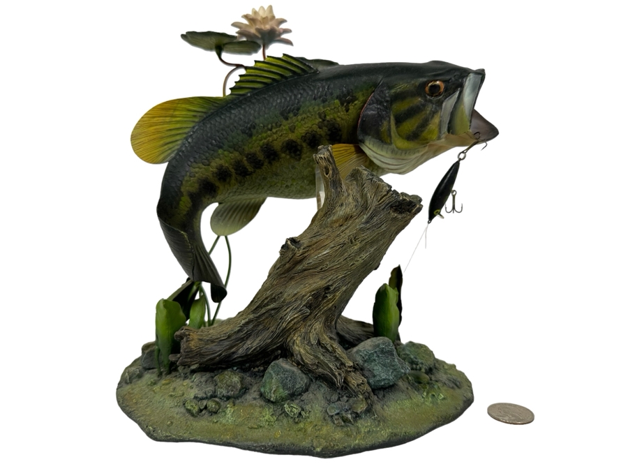 George Kruth Resin Sculpture Titled 'Backwater Bass' From The Freshwater Trophies Sculpture Collection By The Danbury Mint 9.5W X 7D X 10H