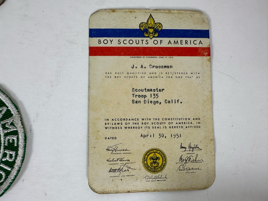 Vintage 1930s Boy Scouts Of America San Diego Area Council Merit Badges, (3) 1937/1938/1939 Boy Scouts Of America Membership Cards, (1) Vintage Boy Scouts Patch And (1) 1951 Scoutmaster Card [Photo 10]