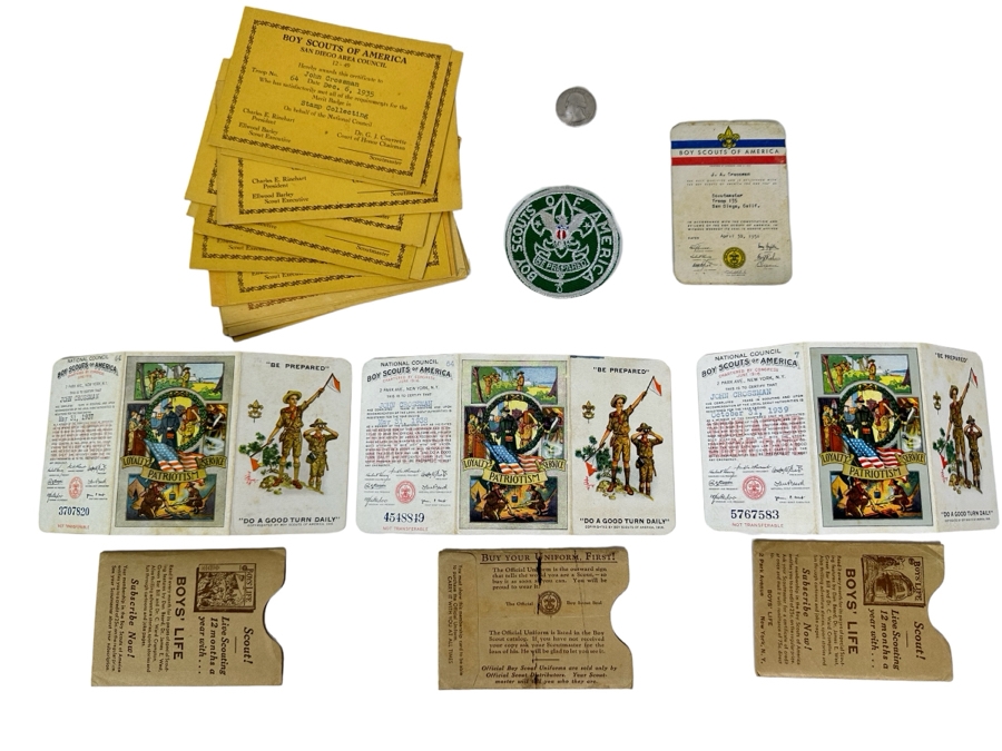Vintage 1930s Boy Scouts Of America San Diego Area Council Merit Badges, (3) 1937/1938/1939 Boy Scouts Of America Membership Cards, (1) Vintage Boy Scouts Patch And (1) 1951 Scoutmaster Card