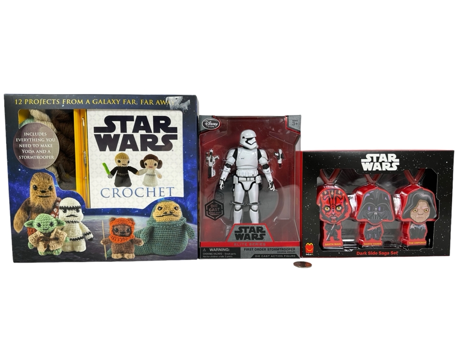 Disney Store Star Wars Die Cast Action Figure Elite Series First Order Stormtrooper, Star Wars Crochet Kit & Star Wars Dark Side Saga Set McDonalds