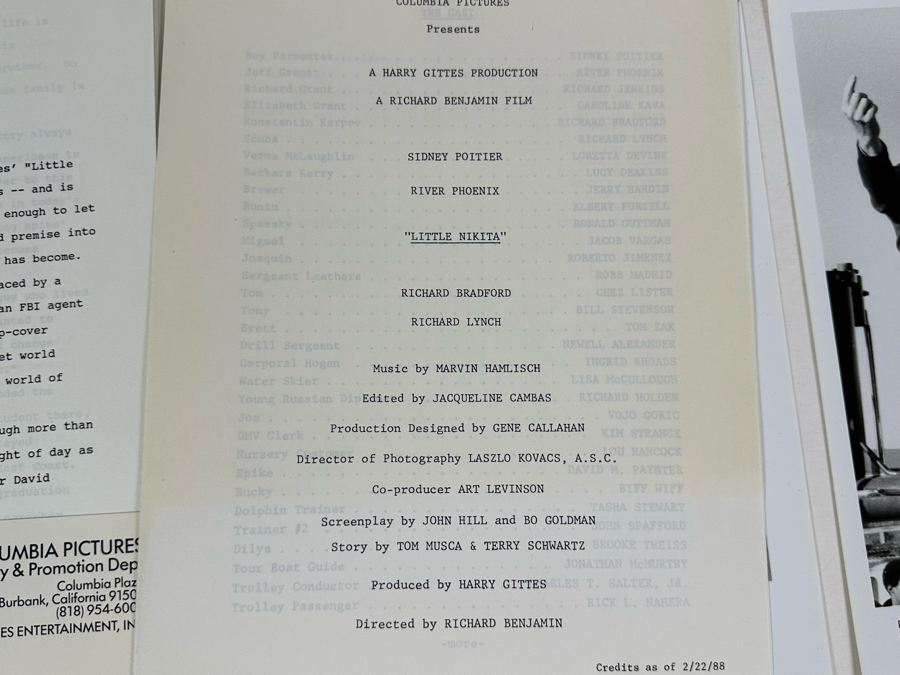 Little Nikita With River Phoenix & Sidney Poitier Movie Press Kit Promotional Items Including Four B&W 8 X 10 Press Photos [Photo 8]
