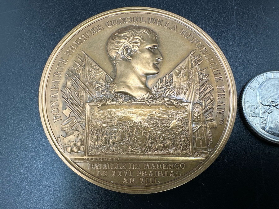 Vintage French Bronze Commemorative Medal The Battle Of Marengo, Napoleon Bonaparte (Emperor Napoleon I) By Nicolas Guy Antoine & Bertrand Andrieu With Original Case 2.25'W [Photo 5]