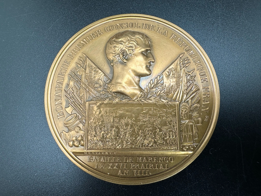 Vintage French Bronze Commemorative Medal The Battle Of Marengo, Napoleon Bonaparte (Emperor Napoleon I) By Nicolas Guy Antoine & Bertrand Andrieu With Original Case 2.25'W [Photo 4]