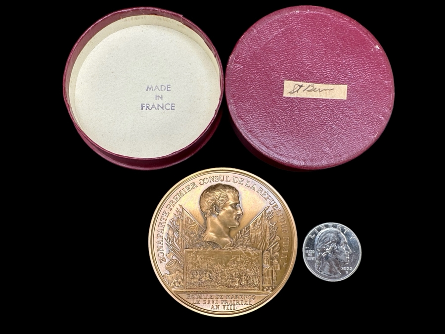Vintage French Bronze Commemorative Medal The Battle Of Marengo, Napoleon Bonaparte (Emperor Napoleon I) By Nicolas Guy Antoine & Bertrand Andrieu With Original Case 2.25'W [Photo 2]