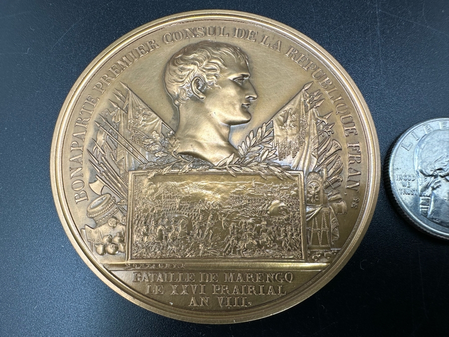 Vintage French Bronze Commemorative Medal The Battle Of Marengo, Napoleon Bonaparte (Emperor Napoleon I) By Nicolas Guy Antoine & Bertrand Andrieu With Original Case 2.25'W