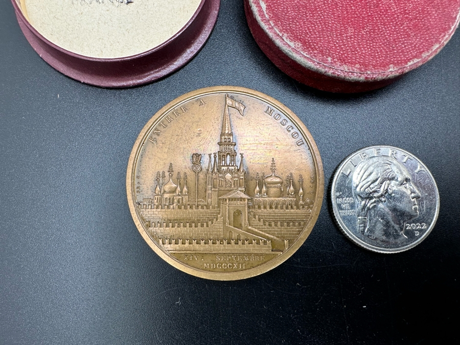 Vintage French Bronze Commemorative Medal Napoleon Bonaparte (Emperor Napoleon I) Entry Into Moscow By Andrieu F. With Original Case 1 9/16'W [Photo 4]