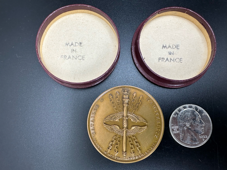 Vintage French Bronze Commemorative Medal Napoleon Bonaparte (Emperor Napoleon I) The Battle Of Austerlitz By Jean-Bertrand Andrieu & Louis Jaley With Original Case 1 9/16'W [Photo 3]