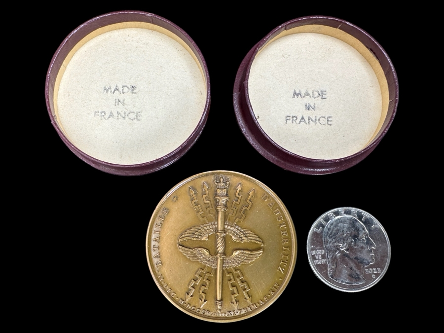 Vintage French Bronze Commemorative Medal Napoleon Bonaparte (Emperor Napoleon I) The Battle Of Austerlitz By Jean-Bertrand Andrieu & Louis Jaley With Original Case 1 9/16'W [Photo 2]