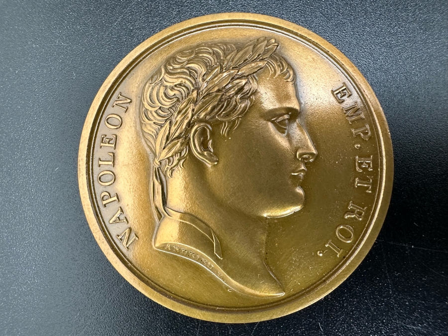 Vintage French Bronze Commemorative Medal Napoleon Bonaparte (Emperor Napoleon I) The Battle Of Austerlitz By Jean-Bertrand Andrieu & Louis Jaley With Original Case 1 9/16'W [Photo 6]