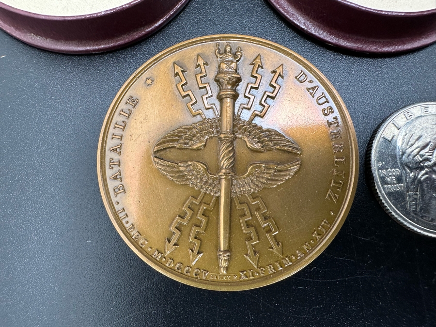 Vintage French Bronze Commemorative Medal Napoleon Bonaparte (Emperor Napoleon I) The Battle Of Austerlitz By Jean-Bertrand Andrieu & Louis Jaley With Original Case 1 9/16'W [Photo 4]