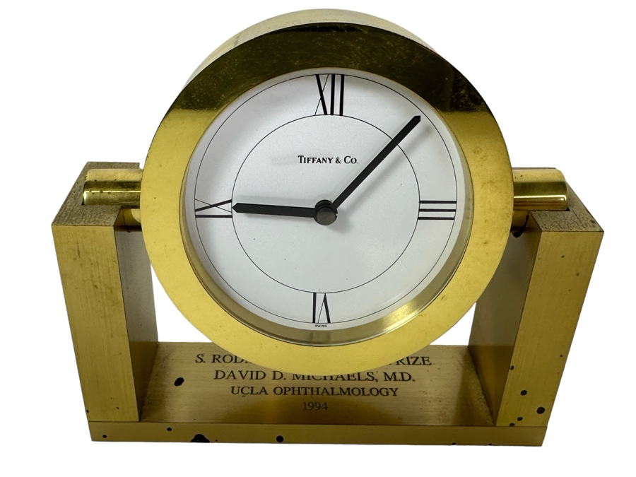 Vintage Tiffany & Co Brass Desk Clock Engraved To Dr. David D. Michaels, UCLA Ophthalmology 5W X 4.5H [Photo 1]