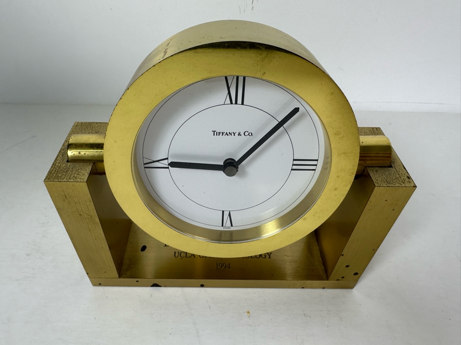 Vintage Tiffany & Co Brass Desk Clock Engraved To Dr. David D. Michaels, UCLA Ophthalmology 5W X 4.5H [Photo 2]