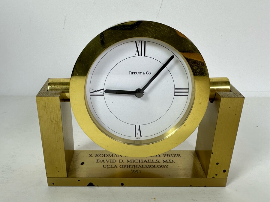 Vintage Tiffany & Co Brass Desk Clock Engraved To Dr. David D. Michaels, UCLA Ophthalmology 5W X 4.5H [Photo 4]